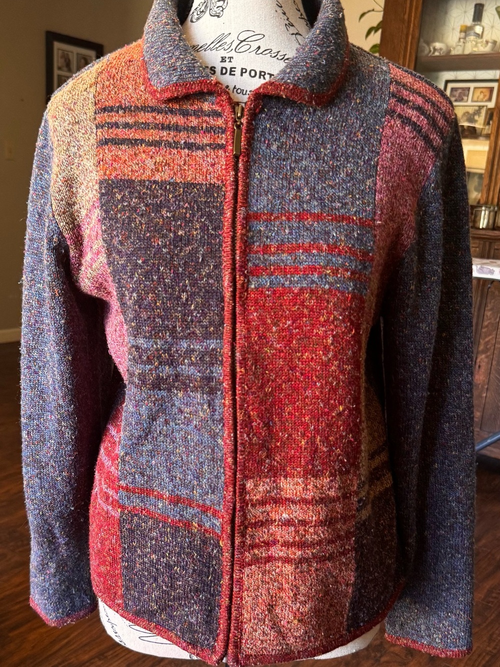 Alfred Dunner Red and Blue Speckled Patchwork Zip Cardigan